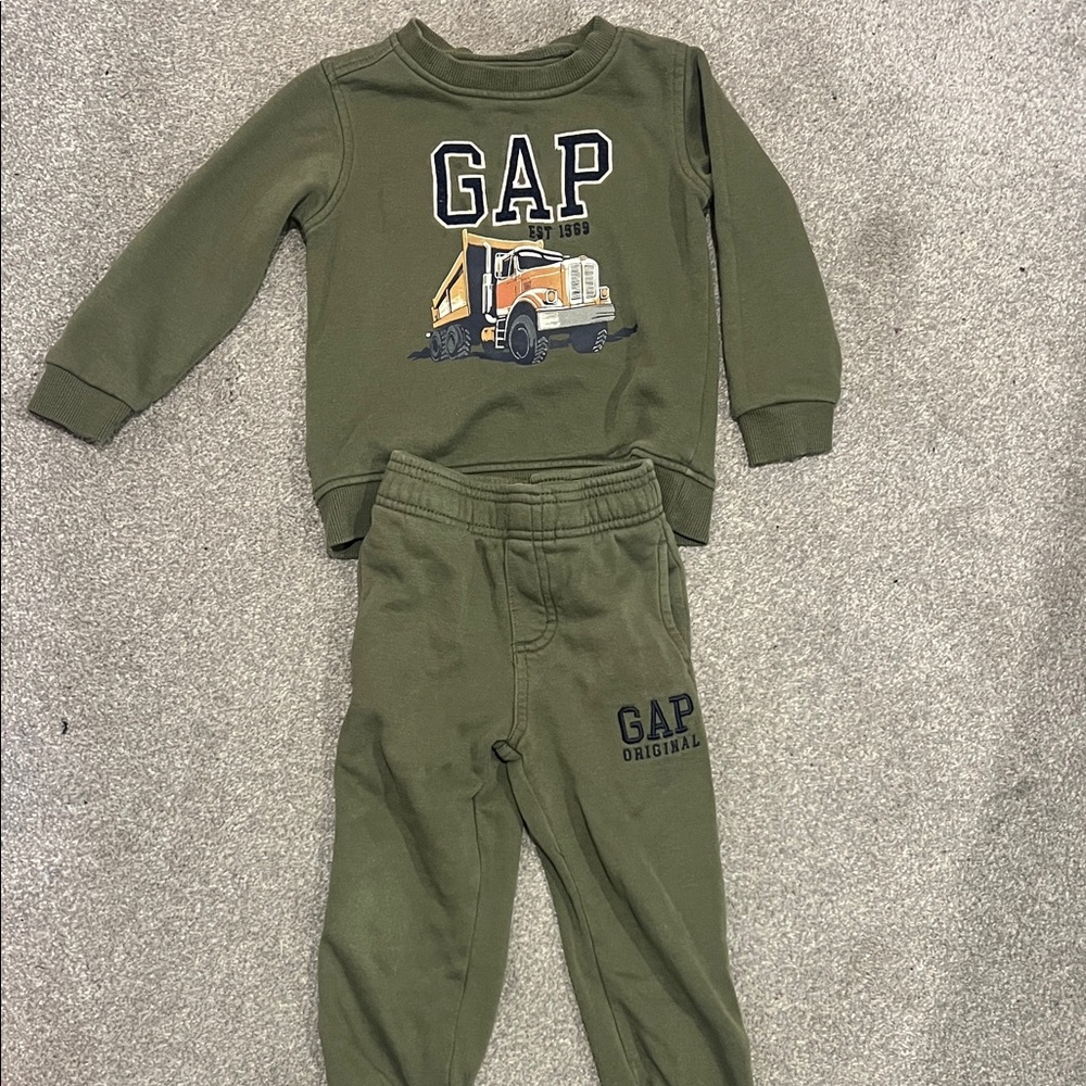 GAP Olive Green Kids Sweatshirt and Joggers with Truck Graphic